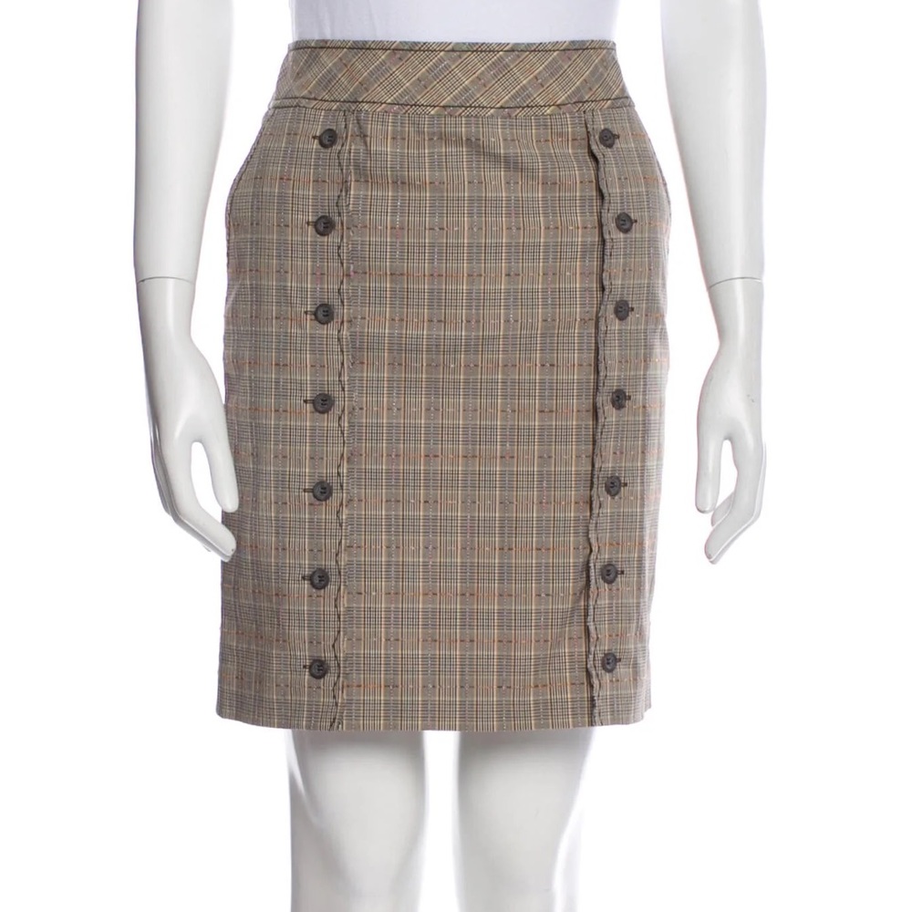 WORTH Plaid Print Mini Skirt button accent high waisted Scalloped trim‎ brown